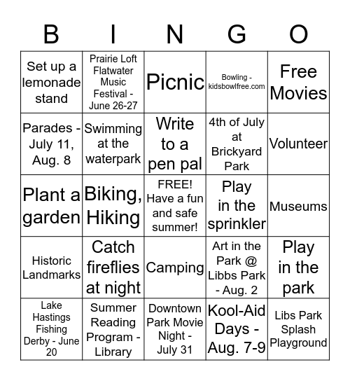 Summer Fun Bingo Card