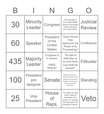 Legislative Branch Bingo Card