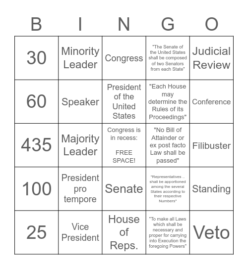 Legislative Branch Bingo Card