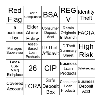 Identity Theft / Red Flag BINGO Card