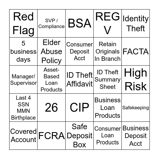 Identity Theft / Red Flag BINGO Card