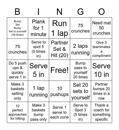 Volleyball Fun Day Bingo Card