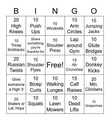 Fitness Bingo Card