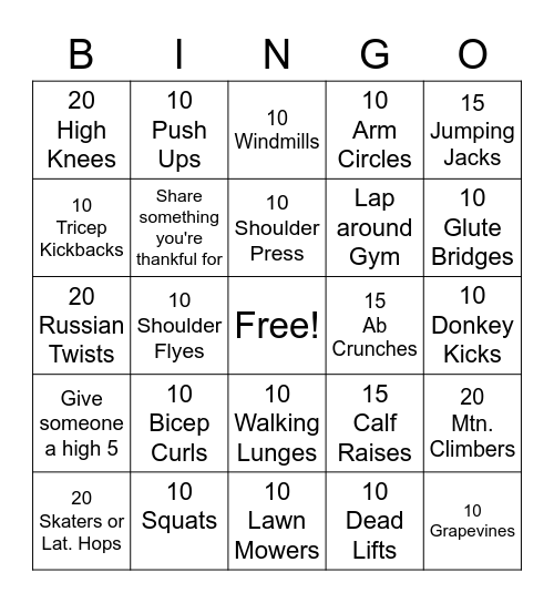 Fitness Bingo Card