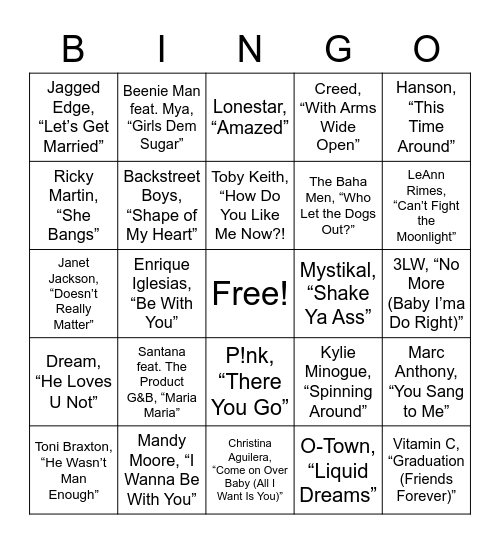 Songs From 2000 Bingo Card