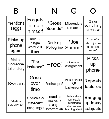Screen writing Bingo Card