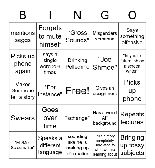 Screen writing Bingo Card