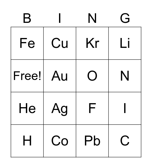 Element Set 2 Bingo Card