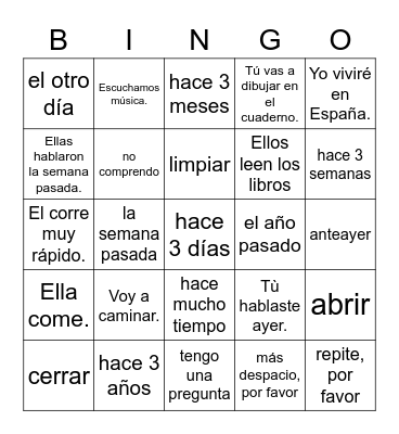 Spanish verb tenses (clase 7) Bingo Card