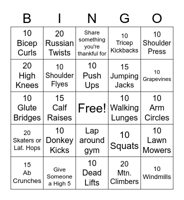 Fitness Bingo Card
