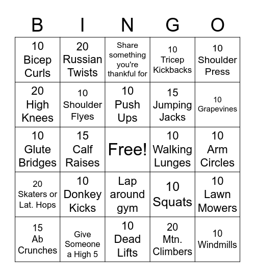Fitness Bingo Card