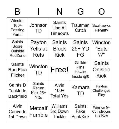 Saints Vs Seahawks Bingo Card