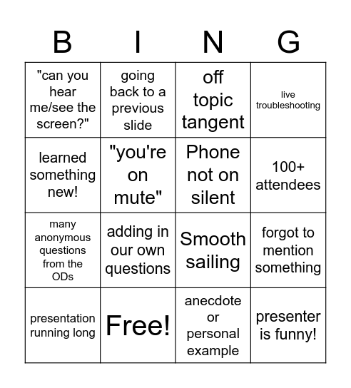 Webinar Bingo! Bingo Card