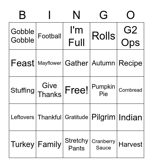 G2 Ops Thanksgiving Bingo Card