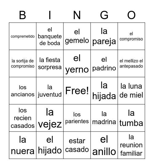 3A Family Vocabulary in Spanish Bingo Card