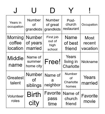 JUDY! 80th Birthday BINGO Card