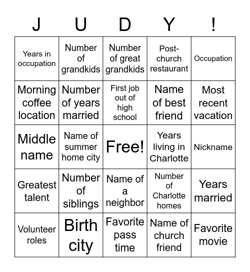 JUDY! 80th Birthday BINGO Card