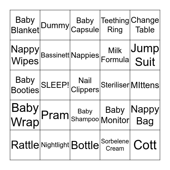 Baby Things Bingo Card