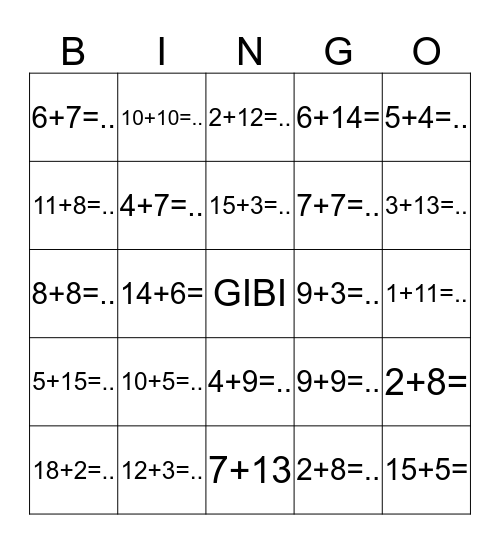 BINGO-Adding up under 20 Bingo Card