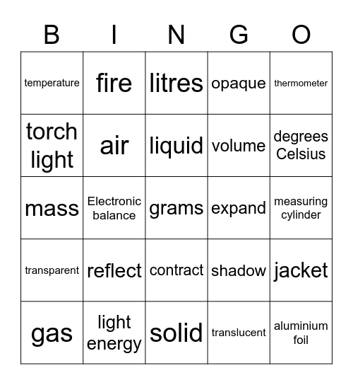 P4 Science Key Words Bingo Card