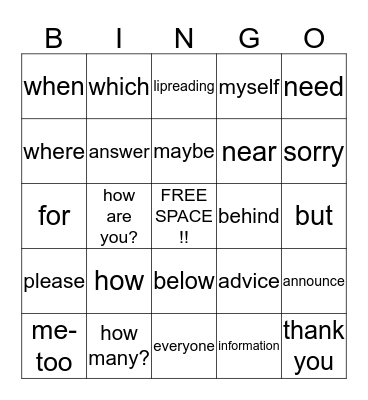 Vocabulary Bingo Card