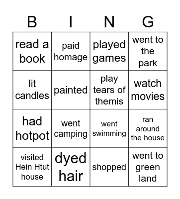 activities we did on holidays Bingo Card