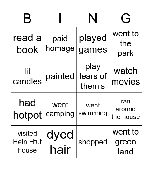 activities we did on holidays Bingo Card