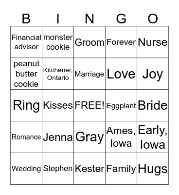 Jenna's Bridal Shower Bingo Card