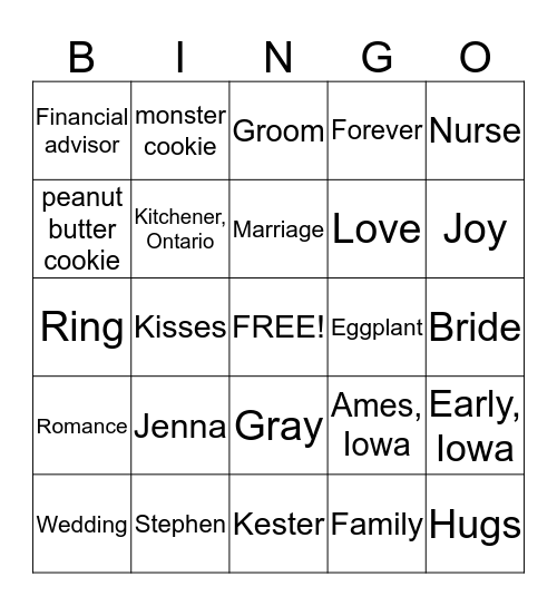 Jenna's Bridal Shower Bingo Card