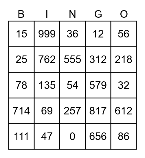 Number Bingo 0-999 Bingo Card