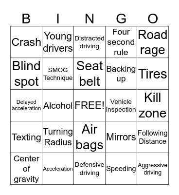 Driver Safety Bingo Card