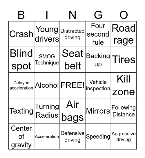 Driver Safety Bingo Card