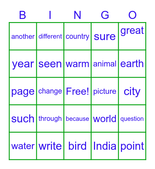 Sight Words Bingo Card