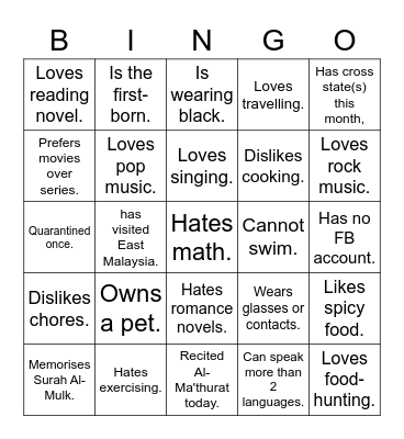 CCUB 2621 Ice-Breaking BINGO. Bingo Card