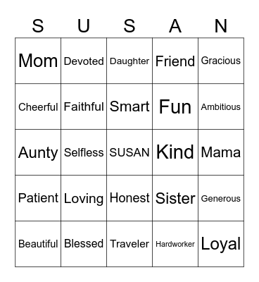 Susan’s 60th Bingo Card