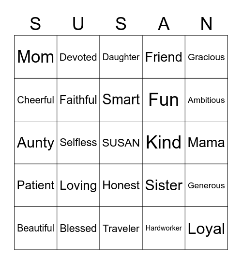 Susan’s 60th Bingo Card