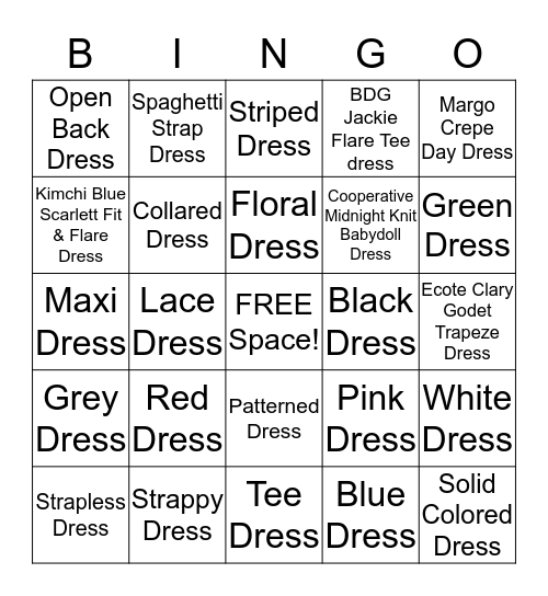 Dress Contest Bingo Card