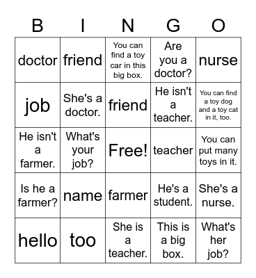 VanThink English 1A Lesson 8 Bingo Card