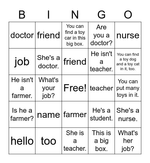VanThink English 1A Lesson 8 Bingo Card