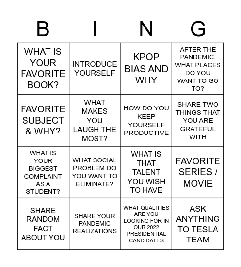 SquiDance Marathon Bingo Card