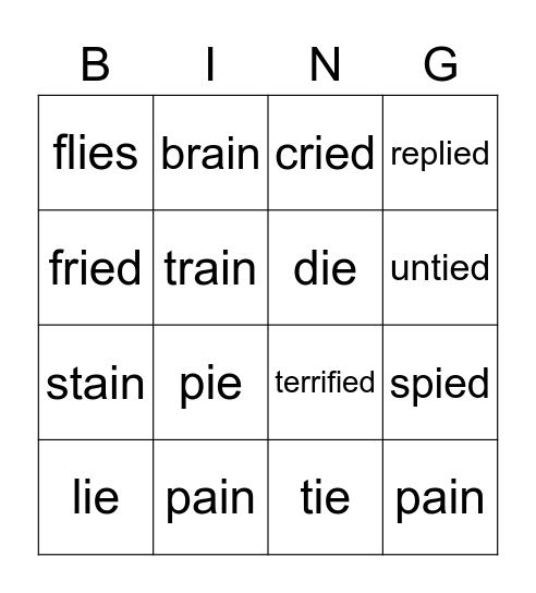 'ie' Words Bingo Card