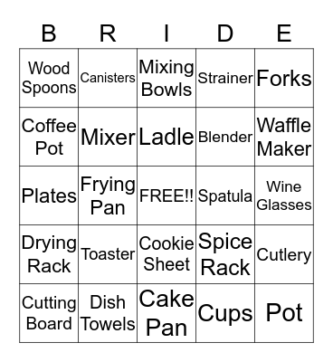 Bridal Bingo Card