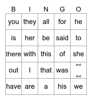 Sight Words Bingo Card