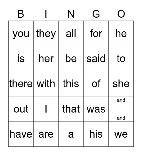 Sight Words Bingo Card