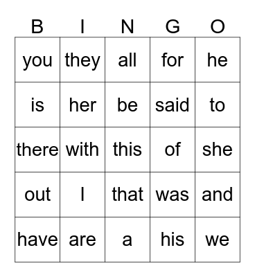 Our Sight Words Bingo Card