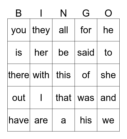 Our Sight Words Bingo Card