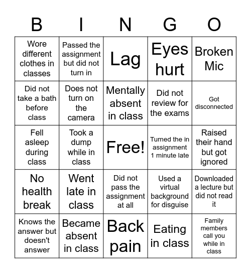 Online Class Struggles Bingo Card