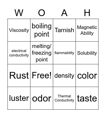 Chemical and Physical Properties WOAH Bingo Card