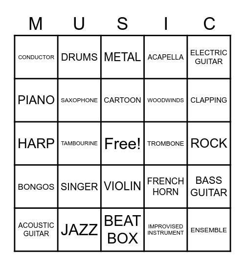 Music Video Bingo Card