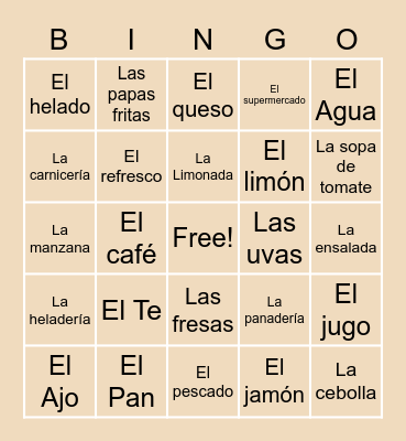 Spanish vocab Bingo Card